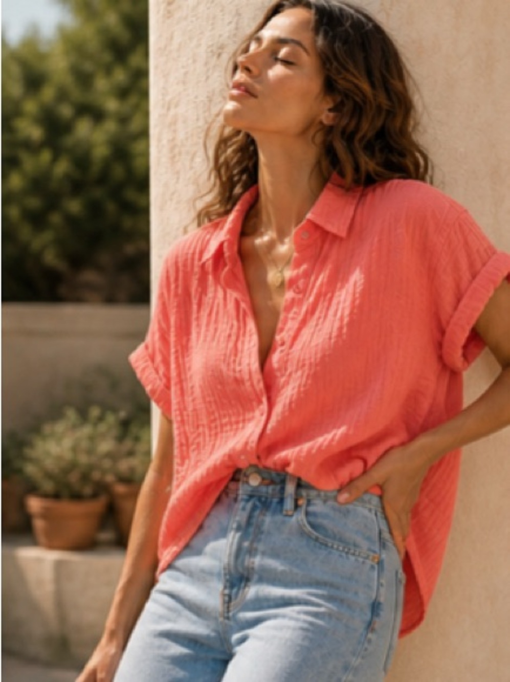 Reformation Coral Gauze Button Down Shirt Relaxed Fit Size 8 Summer Linen Style